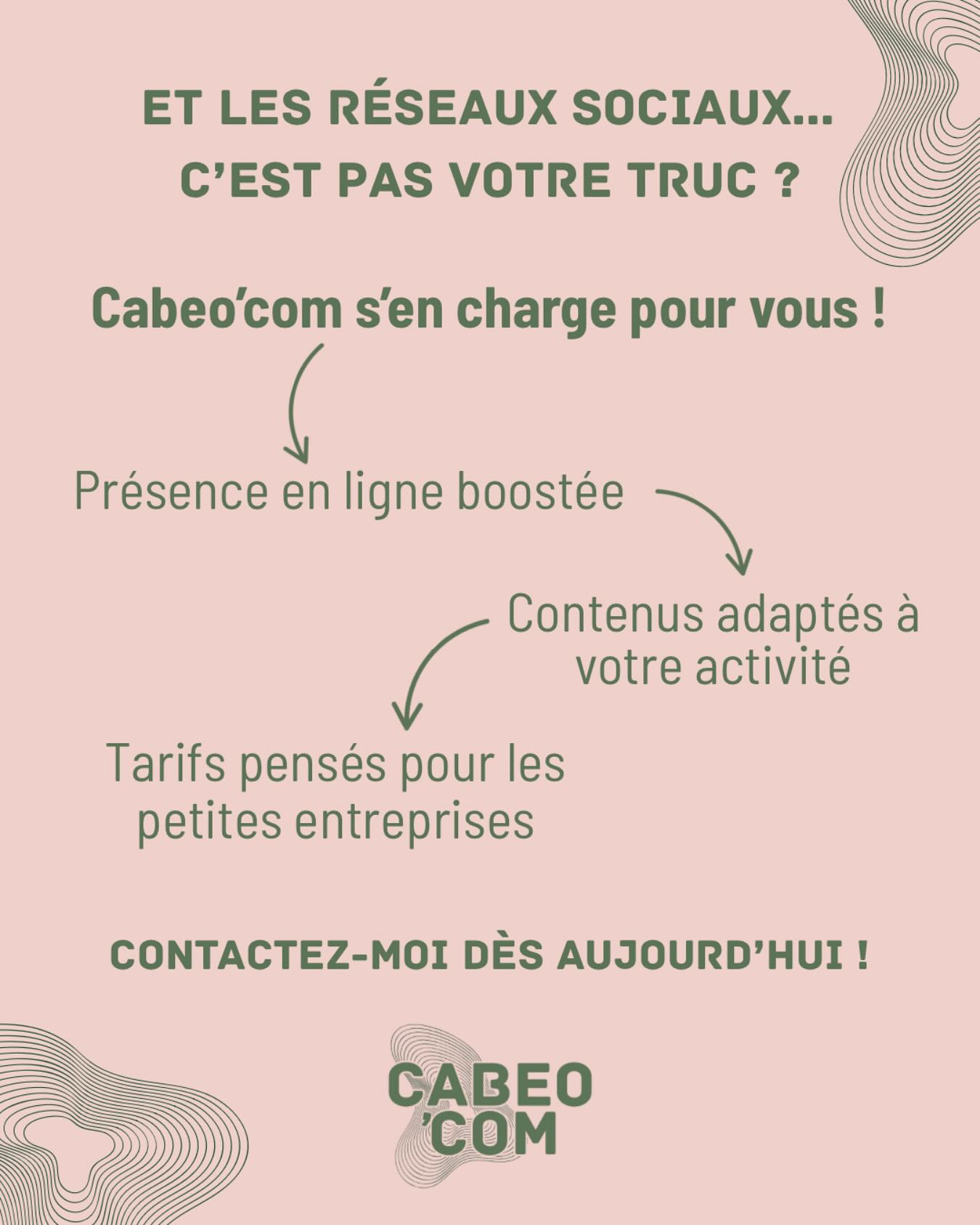 📣 Petits commerçants, artisans, entrepreneurs solo...
Tu galères avec les réseaux sociaux ? Pas le temps, pas l’envie, pas les outils ? 😩
Avec Cabeo’com, je t’aide à booster ta présence en ligne 📈
Des solutions simples, abordables, et pensées pour toi.
👉 Création de contenu, gestion de tes pages, conseils personnalisés… je m’occupe de tout !
📬 Envie de te concentrer sur ton métier pendant que je gère ta com’ ?
Contacte-moi directement :
📧 cabeocom@gmail.com
📱 06 27 52 39 32
📩 Ou en DM ici !
#communitymanagement #tpe #artisan #commercant #marketingdigital #réseauxsociaux #cabeocom #entrepreneurindépendant #visibilitéenligne